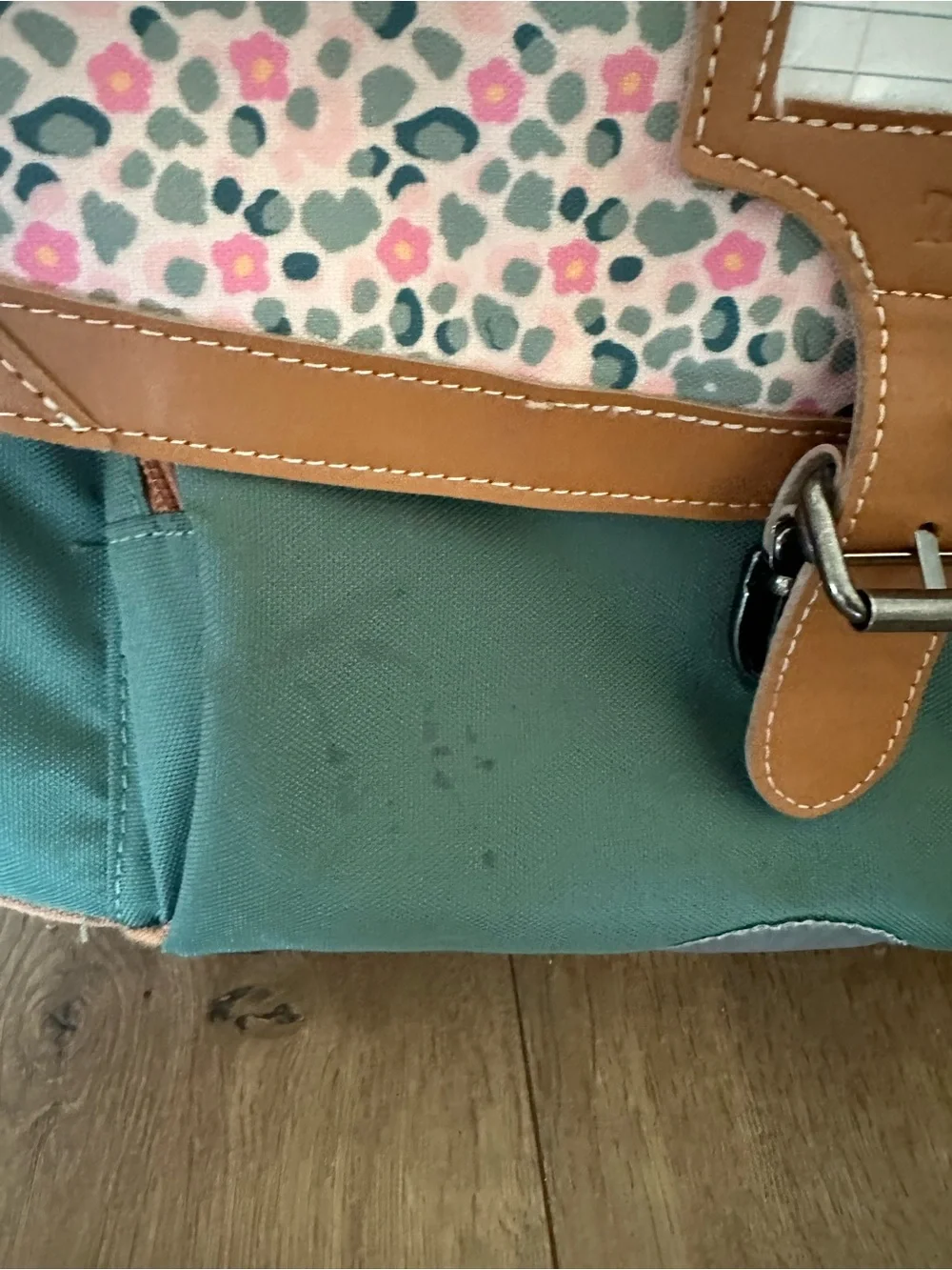 Tann’s Green and Pink Floral Rolling School Satchel Trolley backpack